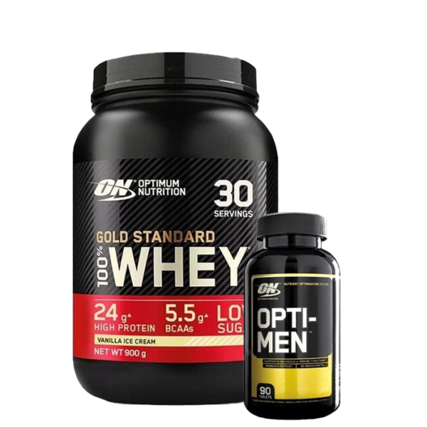 100 % Whey Gold Standard Valleprotein 908 g + Opti-Men, 90 tabletter